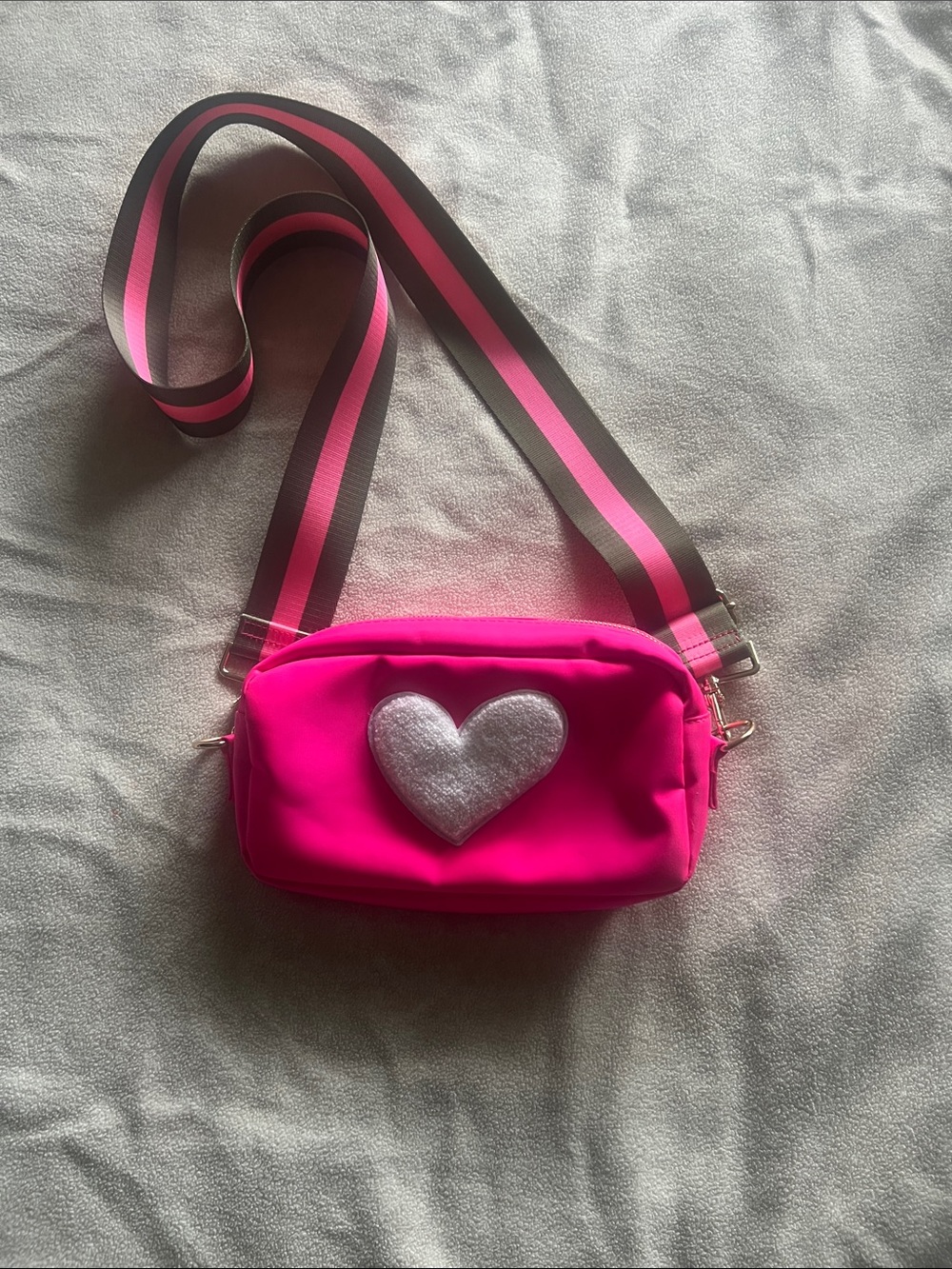 Bloc Bags: Hot Pink Heart Crossbody Bag with Striped Strap